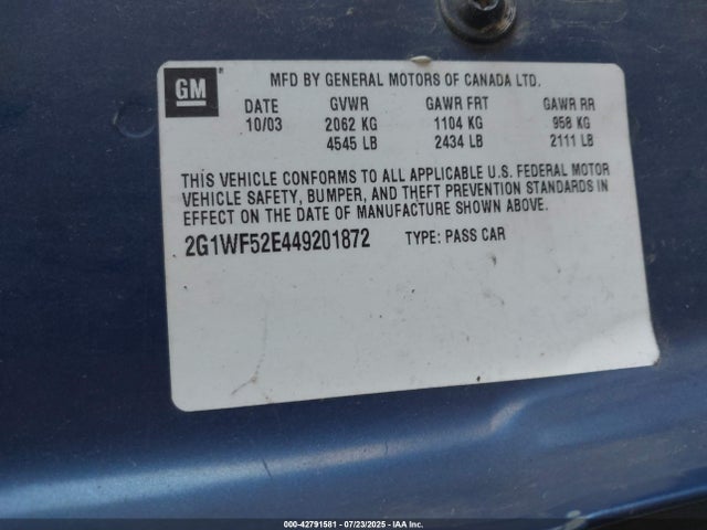 Aukcja sprzedaży 2004 Chevrolet Impala, vin: 2G1WF52E449201872, numer aukcji: 42791581