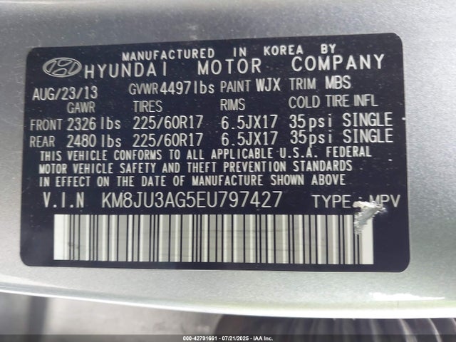 KM8JU3AG5EU797427 Hyundai gdi theta ii
