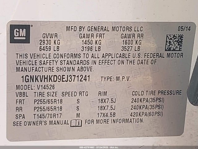 Chevrolet llt 2014 1GNKVHKD9EJ371241 Image 9