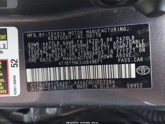 4T1B11HK3JU649671 Toyota a25a-fks