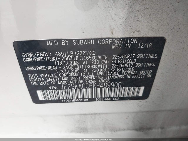 Subaru naturally aspirated u5 2019 JF2SKACC6KH489900 Image 9