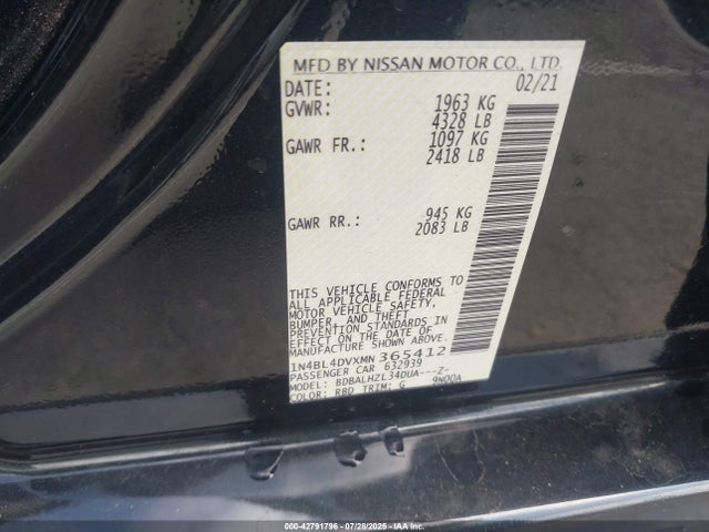 Auction sale of the 2021 Nissan Altima Sv Fwd, vin: 1N4BL4DVXMN365412, lot number: 42791796