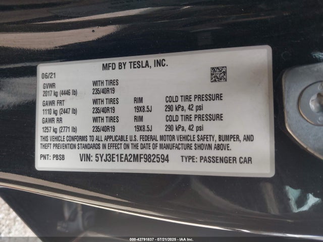 2021 TESLA MODEL 3 5YJ3E1EA2MF982594 Photo 8