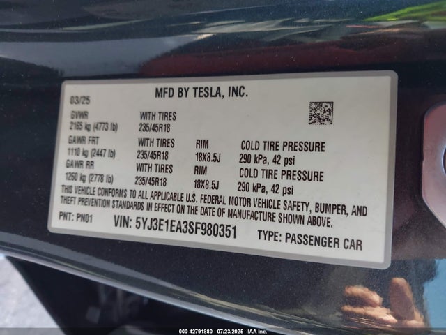 5YJ3E1EA3SF980351 Tesla MODEL 3