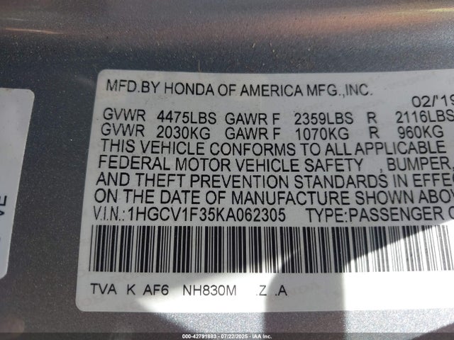 1HGCV1F35KA062305 Honda l15be
