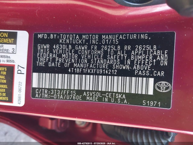 4T1BF1FKXFU914212 Toyota 2ar-fe