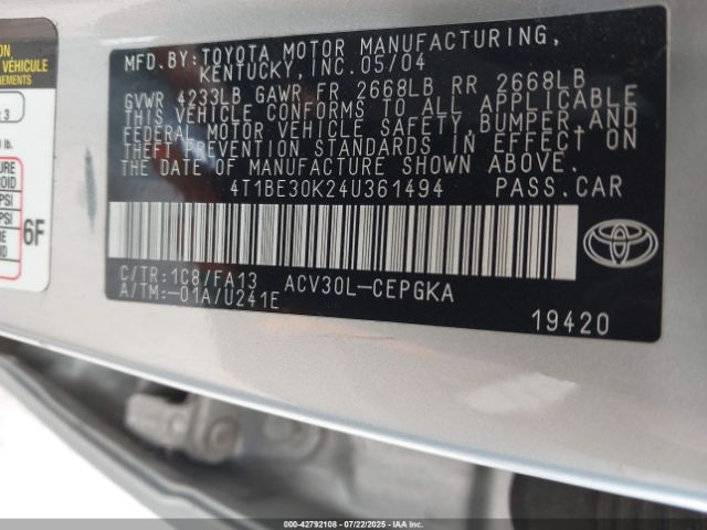 2004 TOYOTA CAMRY 4T1BE30K24U361494 Photo 8