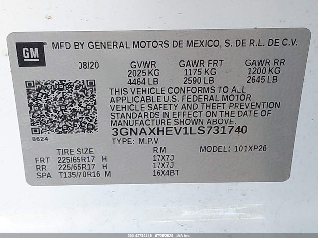 3GNAXHEV1LS731740 Chevrolet lyx - direct injection, vvt, fgt, turbo, alum, gen1