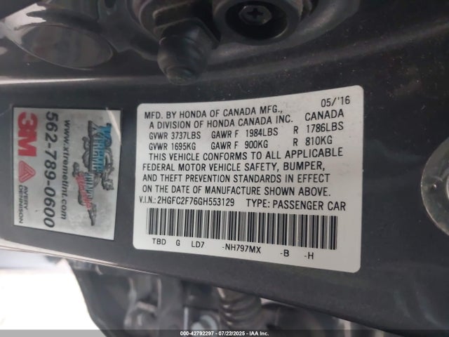 Honda k20c2 2016 2HGFC2F76GH553129 Image 9