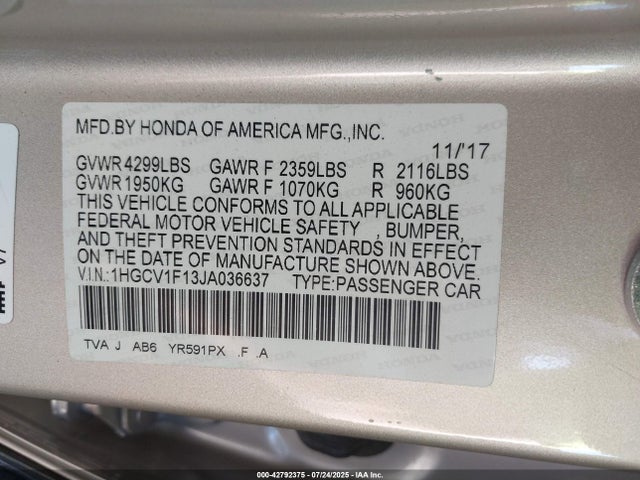 Honda l15be 2018 1HGCV1F13JA036637 Image 9