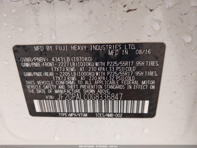 Subaru naturally aspirated 2016 JF2GPALC0G8336847 Image 9