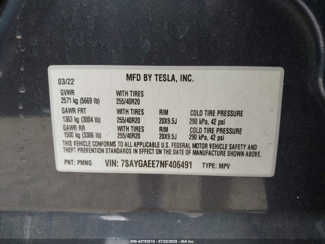 2022 TESLA MODEL Y 7SAYGAEE7NF406491 Photo 8