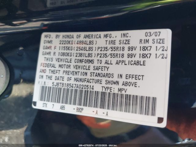 2007 ACURA RDX 5J8TB18547A020514 Photo 8