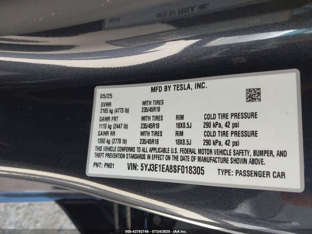 2025 TESLA MODEL 3 5YJ3E1EA8SF018305 Photo 8