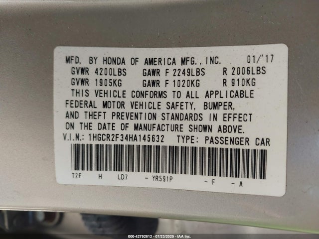1HGCR2F34HA145632 Honda k24w1