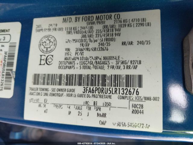 2020 FORD FUSION HYBRID 3FA6P0RU5LR132676 Photo 8