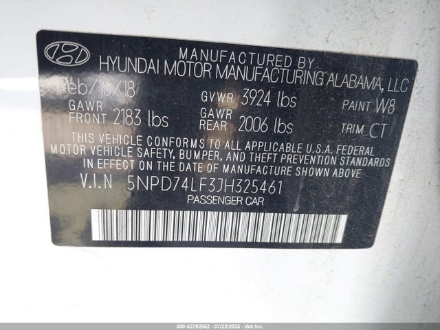 5NPD74LF3JH325461 Hyundai mpi nu
