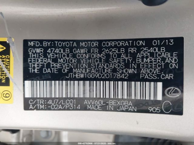 2013 LEXUS ES 300H JTHBW1GG9D2017842 Photo 8