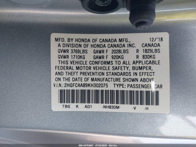 Honda k20c2 2019 2HGFC4A89KH302075 Image 9