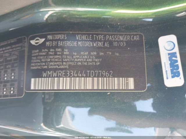 2004 MINI COOPER S WMWRE33444TD77962 Photo 8