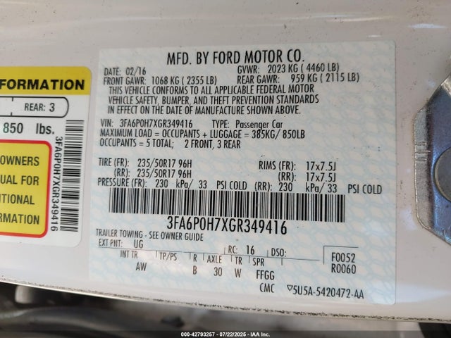 3FA6P0H7XGR349416 Ford 2016