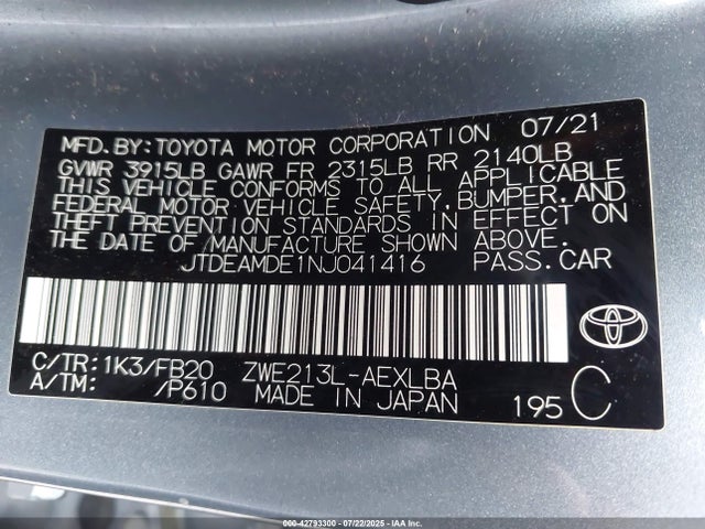 JTDEAMDE1NJ041416 Toyota 2zr-fxe, 1nm
