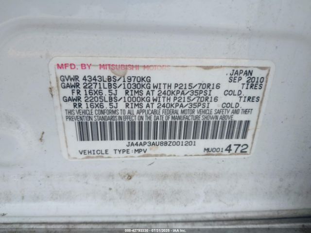 2011 MITSUBISHI OUTLANDER SPORT JA4AP3AU8BZ001201 Photo 8