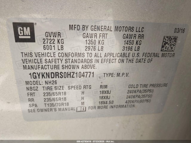 2017 CADILLAC XT5 1GYKNDRS0HZ104771 Photo 8