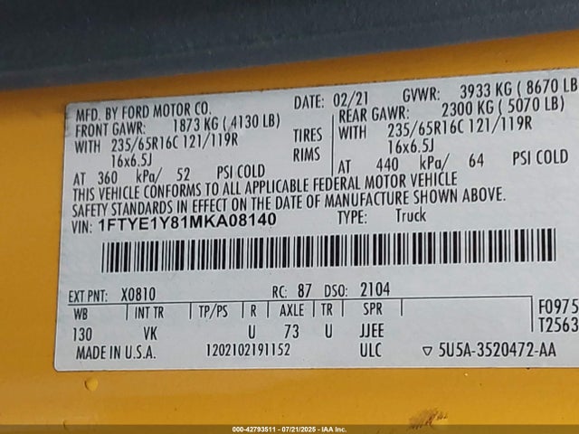 1FTYE1Y81MKA08140 Ford 3.5l v6 cyclone