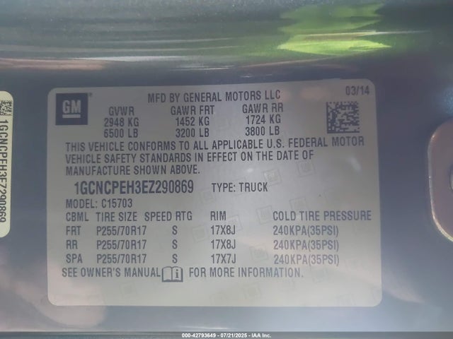 1GCNCPEH3EZ290869 Chevrolet lv3 - vvt, aluminum, e85 max