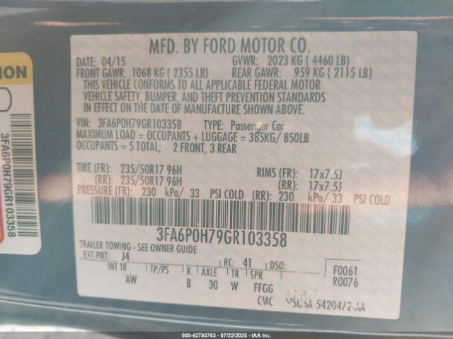 2016 FORD FUSION 3FA6P0H79GR103358 Photo 8