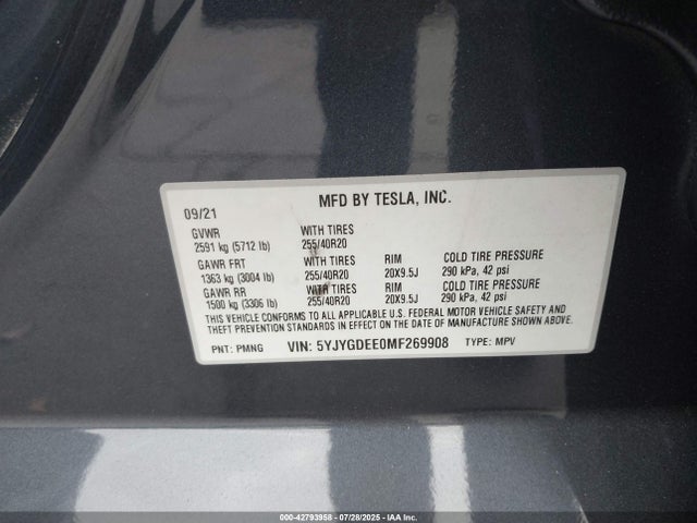 2021 TESLA MODEL Y 5YJYGDEE0MF269908 Photo 8