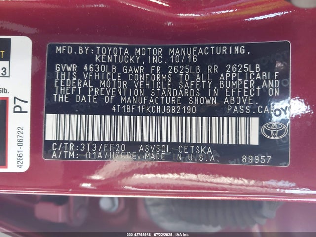 Toyota 2ar-fe 2017 4T1BF1FK0HU682190 Image 9