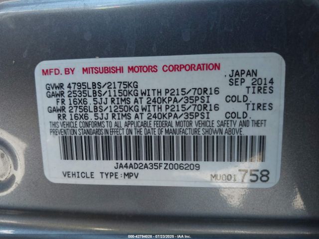 2015 MITSUBISHI OUTLANDER JA4AD2A35FZ006209 Photo 8