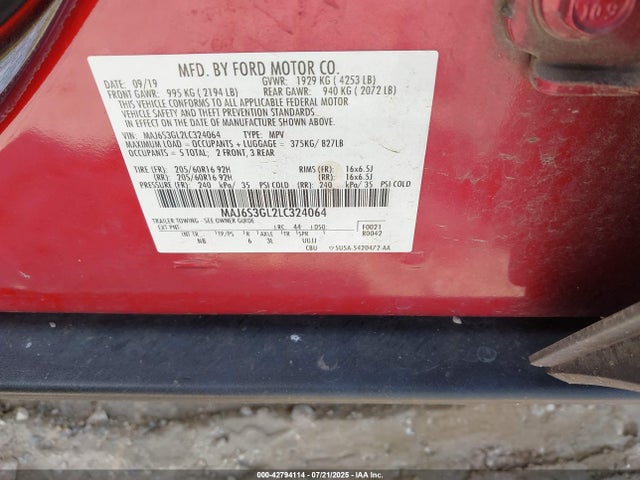 Продажа на аукционе авто 2020 Ford Ecosport Se, vin: MAJ6S3GL2LC324064, номер лота: 42794114