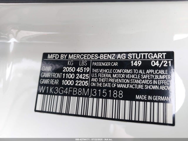 W1K3G4FB8MJ315188 Mercedes-Benz m260