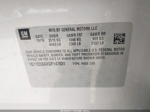 1G11C5SAXGF147831 Chevrolet lcv -sidi, dcvcp, vvt, dcvcp, e85 max, e0-e100, aluminum