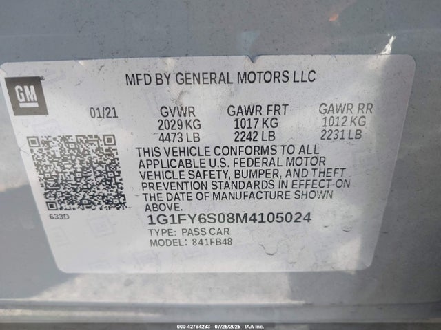 1G1FY6S08M4105024 Chevrolet 2021