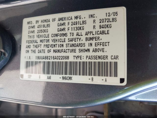 2006 ACURA TL 19UUA66216A022068 Photo 8