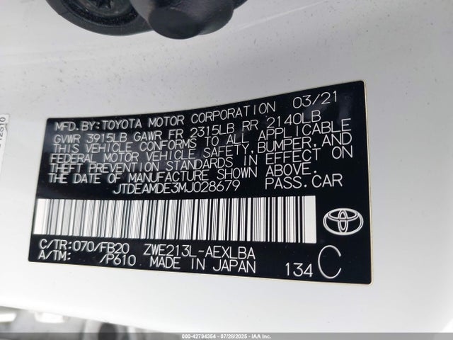JTDEAMDE3MJ028679 Toyota 2zr-fxe, 1nm