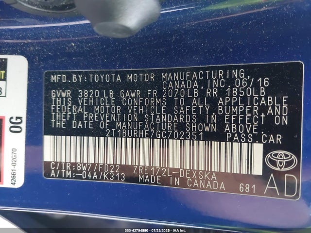 2T1BURHE7GC702351 Toyota 2zr-fe