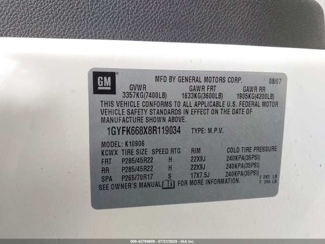 Aukcja sprzedaży 2008 Cadillac Escalade Esv Standard, vin: 1GYFK668X8R119034, numer aukcji: 42794609