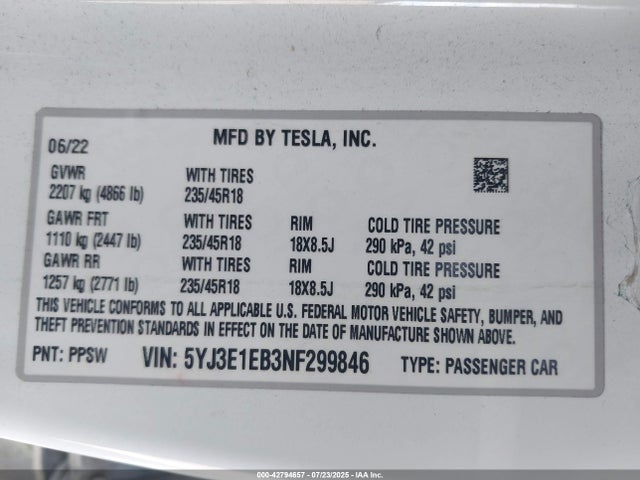 2022 TESLA MODEL 3 5YJ3E1EB3NF299846 Photo 8