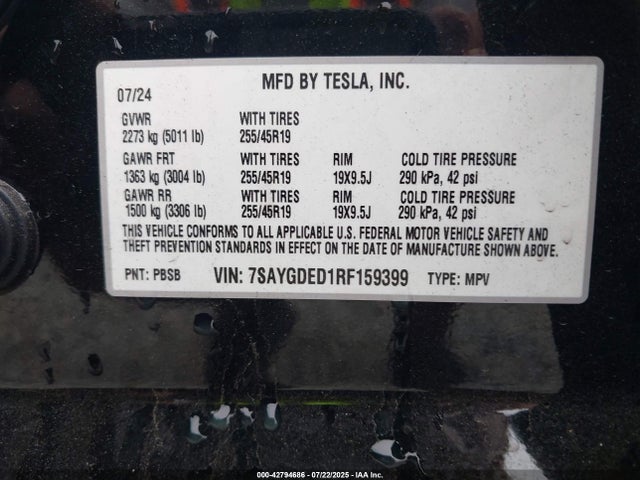 7SAYGDED1RF159399 Tesla Model Y
