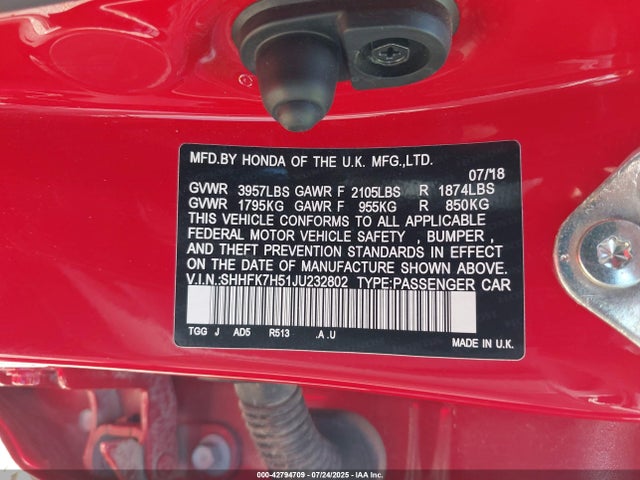 SHHFK7H51JU232802 Honda l15ba