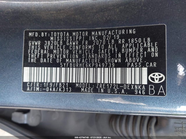5YFBURHE6KP949739 Toyota 2zr-fe