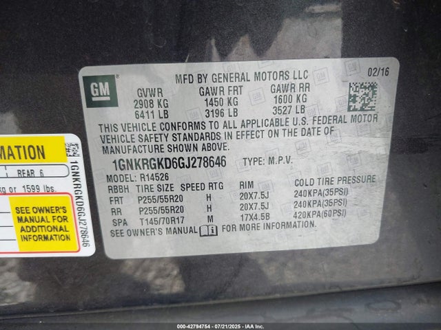 1GNKRGKD6GJ278646 Chevrolet llt - sidi, alum, 60 degrees