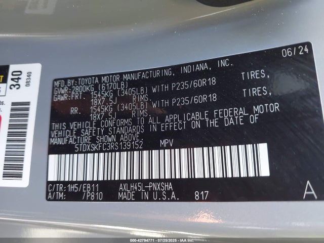 5TDXSKFC3RS139152 Toyota a25a-fxs