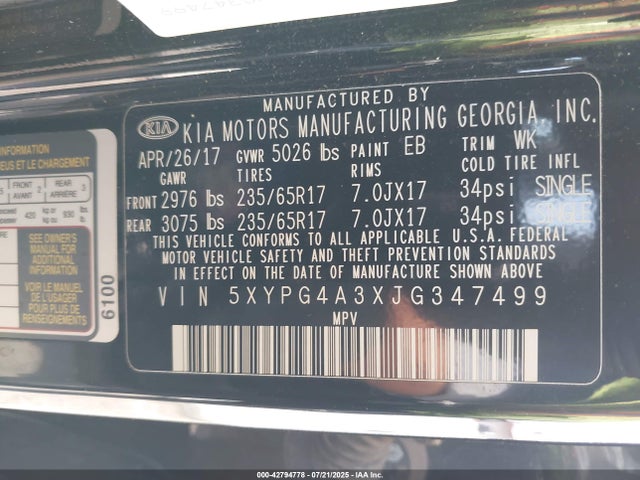 5XYPG4A3XJG347499 KIA Sorento 2.4l Lx