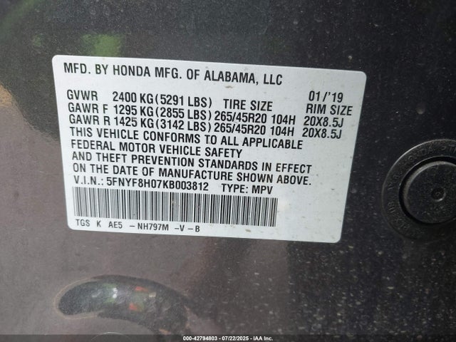 5FNYF8H07KB003812 Honda j35y6